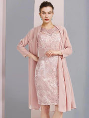 Two Piece Sheath / Column Mother of the Bride Dress Formal Wedding Guest Elegant Scoop Neck Knee Length Chiffon Lace Sleeveless Jacket Dresses with Beading