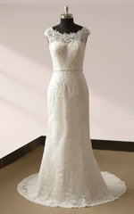 Bateau Neck Cap Sleeve Fit and Flare Lace Wedding Dress