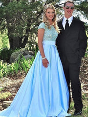 Bateau Short Sleeves Aline Satin Ball Gown Prom Dresses With Beading