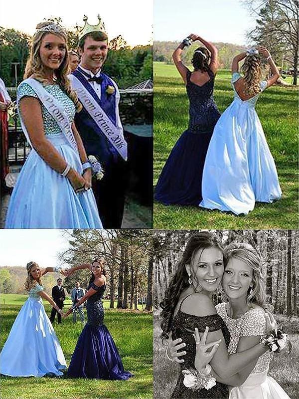 Bateau Short Sleeves Aline Satin Ball Gown Prom Dresses With Beading