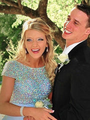Bateau Short Sleeves Aline Satin Ball Gown Prom Dresses With Beading