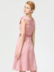 Aimishang A-Line Mother of the Bride Dress Elegant V Neck Knee Length Satin Chiffon Short Sleeve No with Sash / Ribbon Pleats Beading