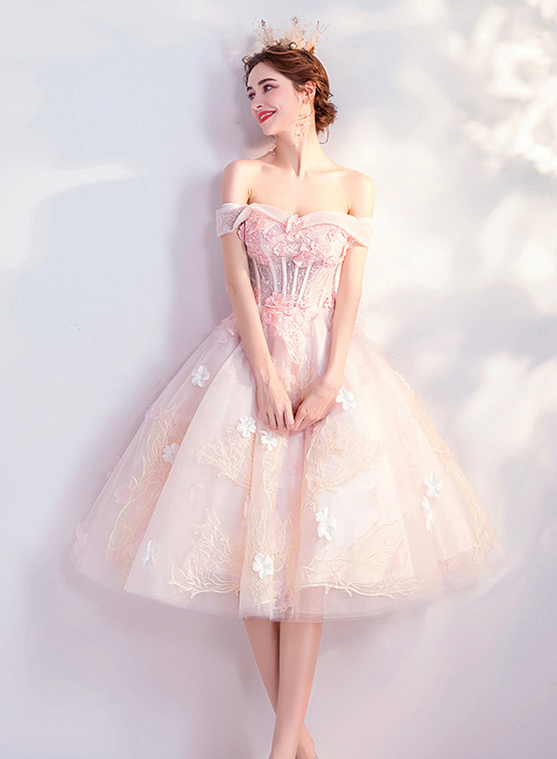 Pink Lace Short Prom Dresses, Off the Shoulder Evening Dresses