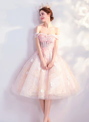 Pink Lace Short Prom Dresses, Off the Shoulder Evening Dresses