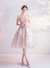 Pink Lace Short Prom Dresses, Off the Shoulder Evening Dresses