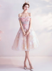 Pink Lace Short Prom Dresses, Off the Shoulder Evening Dresses