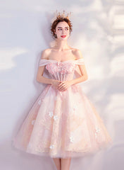 Pink Lace Short Prom Dresses, Off the Shoulder Evening Dresses