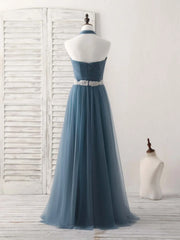 A-Line Gray Blue Tulle Long Bridesmaid Dress Floor-length Beading Prom Dress Elegant