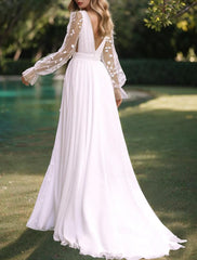 Aimishang Beach Wedding Dresses A-Line V Neck Long Sleeve Floor Length Chiffon Bridal Gowns With Solid Color