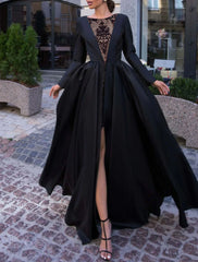 Aimishang Ball Gown Evening Gown Black Dress Vintage Halloween Wedding Party Sweep / Brush Train Long Sleeve Illusion Neck Wednesday Addams Family Satin with Slit Overskirt