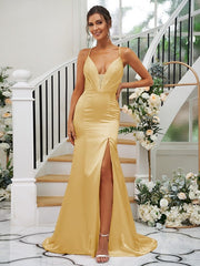 Sheath/Column Silk like Satin Ruched V-neck Sleeveless Sweep/Brush Train Bridesmaid Dresses