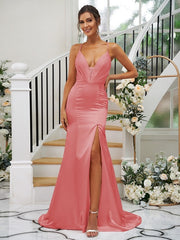 Sheath/Column Silk like Satin Ruched V-neck Sleeveless Sweep/Brush Train Bridesmaid Dresses