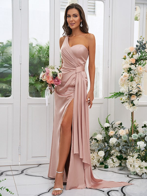 Sheath/Column Ruched One-Shoulder Sleeveless Floor-Length Bridesmaid DressesSheath/Column Ruched One-Shoulder Sleeveless Floor-Length Bridesmaid Dresses