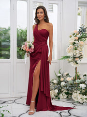 Sheath/Column Ruched One-Shoulder Sleeveless Floor-Length Bridesmaid DressesSheath/Column Ruched One-Shoulder Sleeveless Floor-Length Bridesmaid Dresses