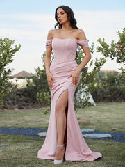 Sheath/Column  Crepe Ruched Off-the-Shoulder Sleeveless Sweep/Brush Train Bridesmaid Dresses
