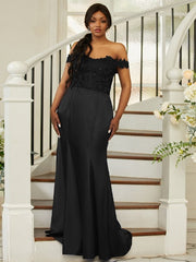 Sheath/Column Silk like Satin Applique Off-the-Shoulder Sleeveless Sweep/Brush Train Bridesmaid Dresses