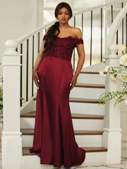 Sheath/Column Silk like Satin Applique Off-the-Shoulder Sleeveless Sweep/Brush Train Bridesmaid Dresses