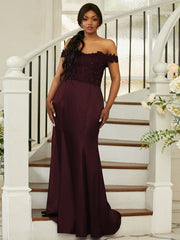 Sheath/Column Silk like Satin Applique Off-the-Shoulder Sleeveless Sweep/Brush Train Bridesmaid Dresses