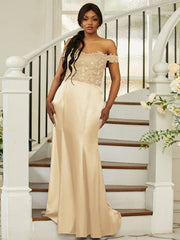 Sheath/Column Silk like Satin Applique Off-the-Shoulder Sleeveless Sweep/Brush Train Bridesmaid Dresses
