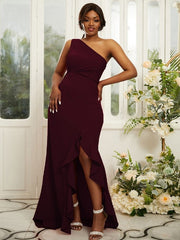 Sheath/Column Stretch Crepe Ruched One-Shoulder Sleeveless Sweep/Brush Train Bridesmaid Dresses