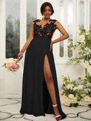 A-Line/Princess Chiffon Applique Scoop Sleeveless Floor-Length Bridesmaid Dresses