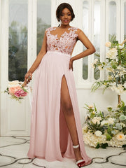 A-Line/Princess Chiffon Applique Scoop Sleeveless Floor-Length Bridesmaid Dresses