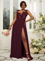 A-Line/Princess Chiffon Applique Scoop Sleeveless Floor-Length Bridesmaid Dresses