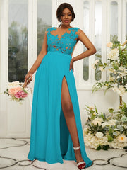 A-Line/Princess Chiffon Applique Scoop Sleeveless Floor-Length Bridesmaid Dresses