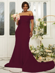 Sheath/Column Stretch Crepe Ruched Off-the-Shoulder Sleeveless Sweep/Brush Train Bridesmaid Dresses