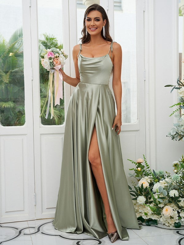 A-Line/Princess Silk like Satin Ruffles Spaghetti Straps Sleeveless Sweep/Brush Train Bridesmaid DressesA-Line/Princess Silk like Satin Ruffles Spaghetti Straps Sleeveless Sweep/Brush Train Bridesmaid Dresses