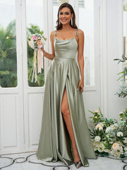 A-Line/Princess Silk like Satin Ruffles Spaghetti Straps Sleeveless Sweep/Brush Train Bridesmaid DressesA-Line/Princess Silk like Satin Ruffles Spaghetti Straps Sleeveless Sweep/Brush Train Bridesmaid Dresses