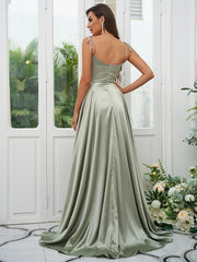A-Line/Princess Silk like Satin Ruffles Spaghetti Straps Sleeveless Sweep/Brush Train Bridesmaid DressesA-Line/Princess Silk like Satin Ruffles Spaghetti Straps Sleeveless Sweep/Brush Train Bridesmaid Dresses