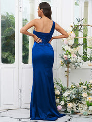 Sheath/Column Elastic Woven Satin Sequin One-Shoulder Sleeveless Sweep/Brush Train Bridesmaid Dresses