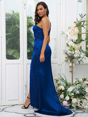 Sheath/Column Elastic Woven Satin Sequin One-Shoulder Sleeveless Sweep/Brush Train Bridesmaid Dresses