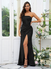 Sheath/Column Elastic Woven Satin Sequin One-Shoulder Sleeveless Sweep/Brush Train Bridesmaid Dresses
