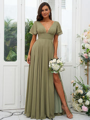 A-Line/Princess Chiffon Ruffles V-neck Short Sleeves Floor-Length Bridesmaid Dresses A-Line/Princess Chiffon Ruffles V-neck Short Sleeves Floor-Length Bridesmaid Dresses