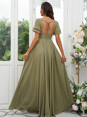 A-Line/Princess Chiffon Ruffles V-neck Short Sleeves Floor-Length Bridesmaid Dresses A-Line/Princess Chiffon Ruffles V-neck Short Sleeves Floor-Length Bridesmaid Dresses