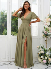 A-Line/Princess Chiffon Ruffles V-neck Short Sleeves Floor-Length Bridesmaid Dresses A-Line/Princess Chiffon Ruffles V-neck Short Sleeves Floor-Length Bridesmaid Dresses