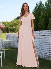 A-Line/Princess Chiffon Ruched V-Neck Short Sleeves Floor-Length Bridesmaid Dresses