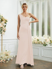 Sheath/Column NS Elastic Woven Satin Ruched One-Shoulder Sleeveless Floor-Length Bridesmaid Dresses