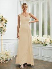 Sheath/Column NS Elastic Woven Satin Ruched One-Shoulder Sleeveless Floor-Length Bridesmaid Dresses