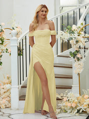 Sheath/Column Charmeuse Ruched Off-the-Shoulder Sleeveless Floor-Length Bridesmaid Dresses