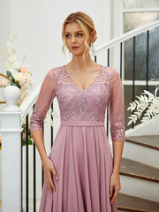 A-Line/Princess Chiffon Lace V-neck 3/4 Sleeves Floor-Length Bridesmaid Dresses