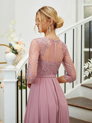 A-Line/Princess Chiffon Lace V-neck 3/4 Sleeves Floor-Length Bridesmaid Dresses