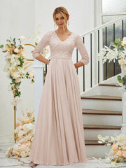 A-Line/Princess Chiffon Lace V-neck 3/4 Sleeves Floor-Length Bridesmaid Dresses