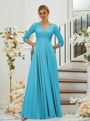 A-Line/Princess Chiffon Lace V-neck 3/4 Sleeves Floor-Length Bridesmaid Dresses