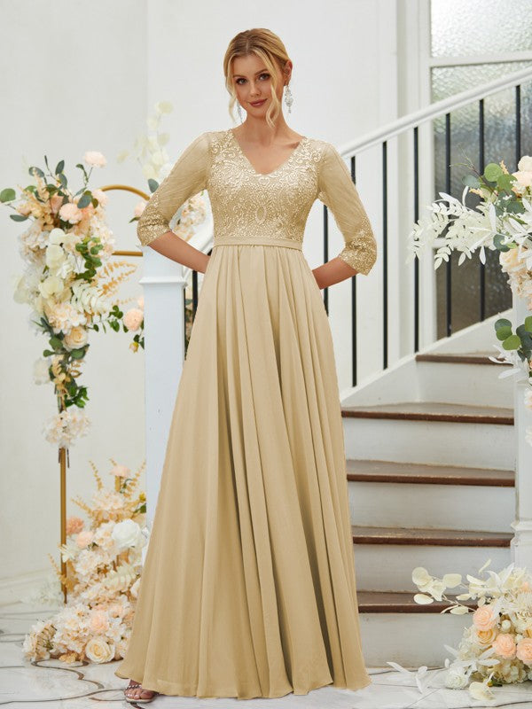 A-Line/Princess Chiffon Lace V-neck 3/4 Sleeves Floor-Length Bridesmaid Dresses