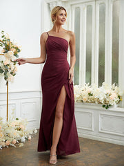 Sheath/Column Chiffon Ruched One-Shoulder Sleeveless Floor-Length Bridesmaid DressesSheath/Column Chiffon Ruched One-Shoulder Sleeveless Floor-Length Bridesmaid Dresses