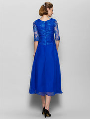 Aimishang  A-Line Mother of the Bride Dress Plus Size Elegant V Neck Tea Length Chiffon Lace Half Sleeve No with Lace Criss Cross Ruched