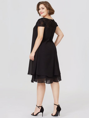 Mother of the Bride Dress Formal Little Black Dress Plus Size Knee Length Chiffon Lace Short Sleeve No with Pleats Beading Lace Insert